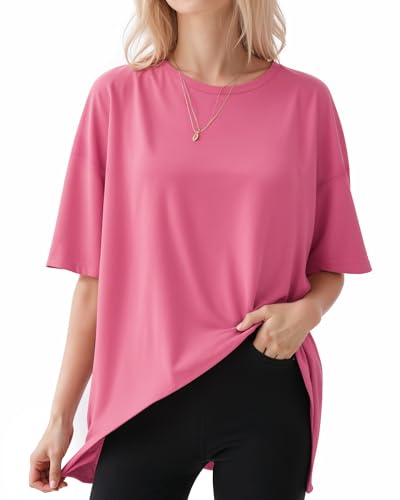 ALGALAROUND Damen T-Shirts Kurzarm Oversize Shirt mit Rundhalsausschnitt übergroßes Tshirt Oversized lockere Passform Basic Top Sommer Plus Size Oberteile Baby-Rosa S von ALGALAROUND