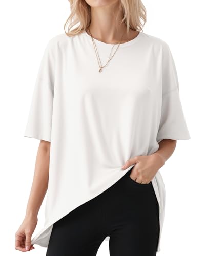 ALGALAROUND Damen T-Shirts Kurzarm Oversize Shirt mit Rundhalsausschnitt übergroßes Tshirt Oversized lockere Passform Basic Top Sommer Plus Size Oberteile Weiß XXXL von ALGALAROUND
