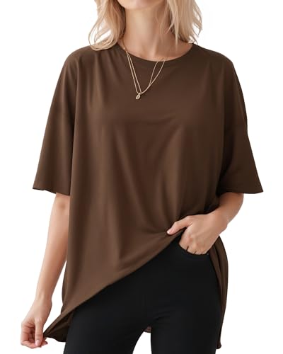 ALGALAROUND Damen T-Shirts Kurzarm Oversize Shirt mit Rundhalsausschnitt übergroßes Tshirt Oversized lockere Passform Basic Top Sommer Plus Size Oberteile Braun XXXL von ALGALAROUND