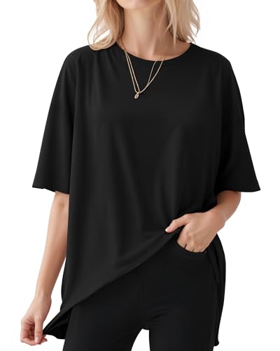 ALGALAROUND Damen T-Shirts Kurzarm Oversize Shirt mit Rundhalsausschnitt übergroßes Tshirt Oversized lockere Passform Basic Top Sommer Plus Size Oberteile Schwarz XXXL von ALGALAROUND