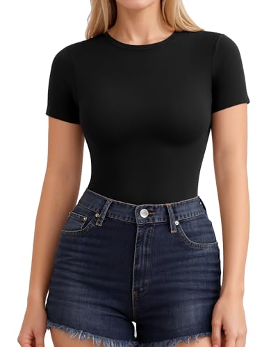 ALGALAROUND Damen T-Shirts Kurzarm mit Rundhalsausschnitt Basic Eng Dehnbar Tshirt Oberteile Slim Fit Top Short Sleeve Shirts for Ladies 2025 Sommer Outfit Schwarz XS von ALGALAROUND