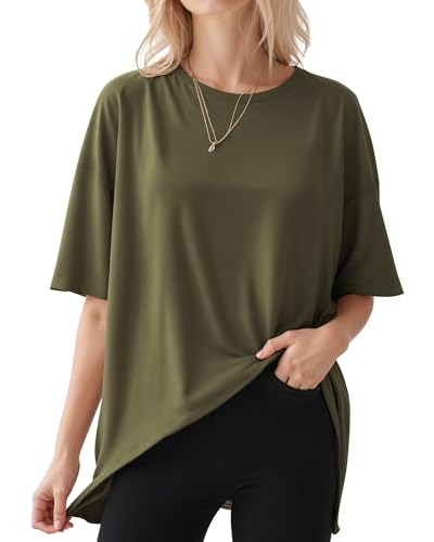 ALGALAROUND Damen T-Shirts Kurzarm Oversize Shirt mit Rundhalsausschnitt übergroßes Tshirt Oversized lockere Passform Basic Top Sommer Plus Size Oberteile Armeegrün XXL von ALGALAROUND