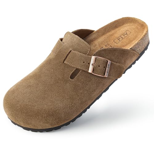 ALGF Damen-Clogs aus echtem Wildleder, Schlupfschnalle, Slides, Pantoletten & Clogs, Naturkautschuk, Kork-Fußbett, Sandalen, Kartoffelschuhe mit Fußgewölbeunterstützung, Kaffee, 39 EU von ALGF