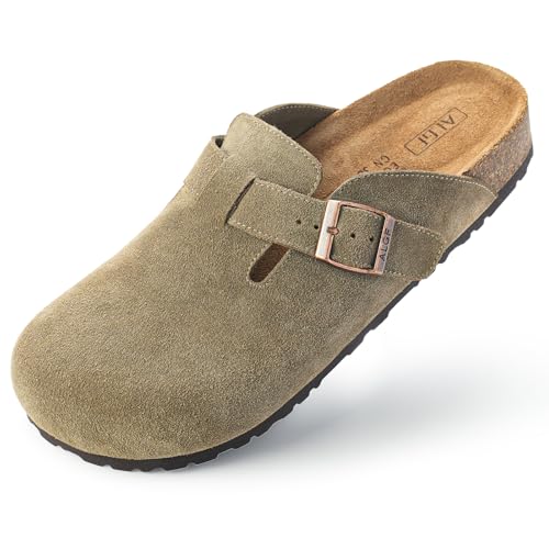 ALGF Damen-Clogs aus echtem Wildleder, Schlupfschnalle, Slides, Pantoletten & Clogs, Naturkautschuk, Kork-Fußbett, Sandalen, Kartoffelschuhe mit Fußgewölbeunterstützung, Rauchgrün, 38.5 EU ALGF Damen-Clogs aus echtem Wildleder, Schlupfschnalle, Slides, Pantoletten & Clogs, Naturkautschuk, Kork-Fußbett, Sandalen, Kartoffelschuhe mit Fußgewölbeunterstützung, Rauchgrün, 38.5 EU von ALGF