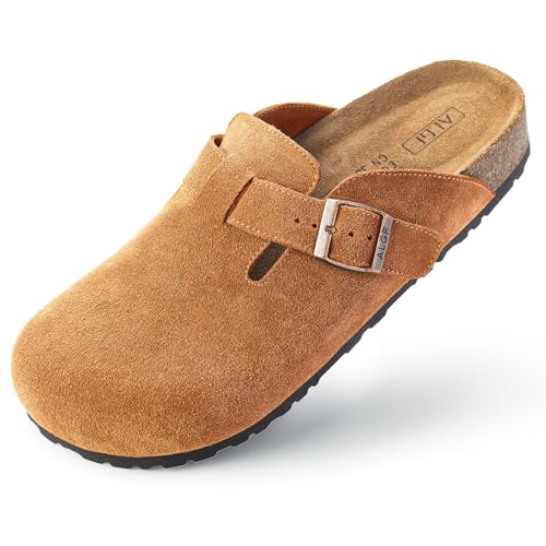 ALGF Damen-Clogs aus echtem Wildleder, Schlupfschnalle, Slides, Pantoletten & Clogs, Naturkautschuk, Kork-Fußbett, Sandalen, Kartoffelschuhe mit Fußgewölbeunterstützung, Sandbraun, 42 EU von ALGF