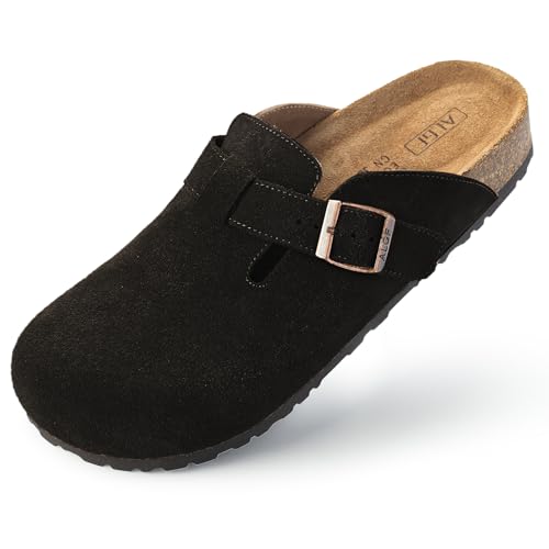 ALGF Damen-Clogs aus echtem Wildleder, Schlupfschnalle, Slides, Pantoletten & Clogs, Naturkautschuk, Kork-Fußbett, Sandalen, Kartoffelschuhe mit Fußgewölbeunterstützung, Schwarz (992), 41.5 EU von ALGF