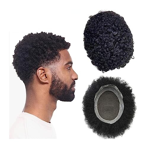 Männer Perücke Afro-Locken-Toupet for Männer, französische Spitze und PU-Basis, Systemeinheit for lockiges Haar, langlebige männliche Haarprothese, mittlere Dichte, indisches Echthaar, Herren-Haarteil von ALHLL