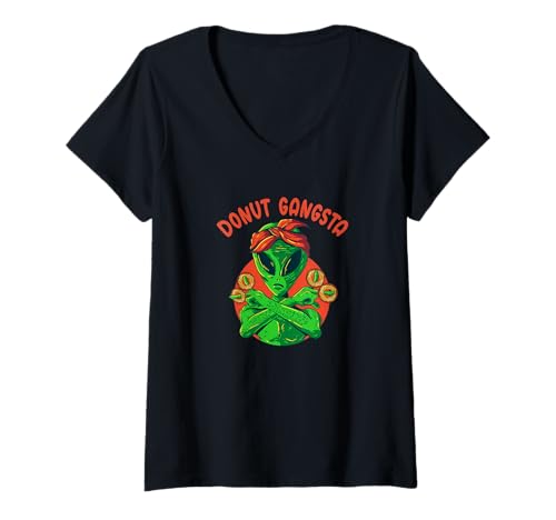 Damen Lustiger Alien Gangsta Donut Food Humor für Donut-Fans T-Shirt mit V-Ausschnitt von ALIEN DONUT HUMOR SCI-FI SPACE UFO APPAREL