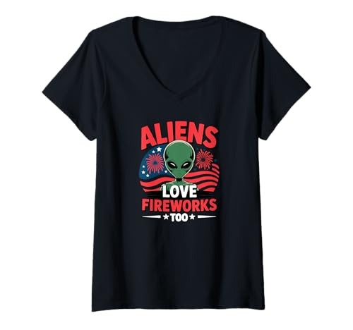 Damen Lustiger patriotischer Alien-Witz Humor Lustige Sci-Fi-Feier T-Shirt mit V-Ausschnitt von ALIEN HUMOR PATRIOTIC SCI-FI SPACE UFO APPAREL