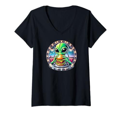 Damen Alien isst einen Burger beim Abendessen Lustiger UFO-Meme-Humor T-Shirt mit V-Ausschnitt Damen Alien isst einen Burger beim Abendessen Lustiger UFO-Meme-Humor T-Shirt mit V-Ausschnitt von ALIENS UFO MERCH