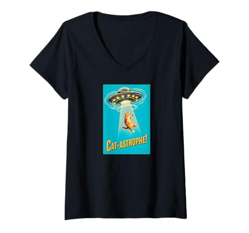 Damen Cat-astrophe! - UFO fliegende Untertasse Retro Vintage Filmposter T-Shirt mit V-Ausschnitt von ALIENS UFO MERCH