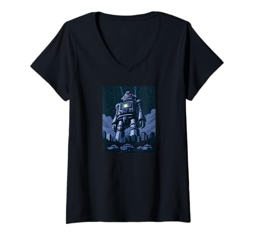 Damen Klassisches Retro-Roboter-Sci-Fi-Filmposter T-Shirt mit V-Ausschnitt von ALIENS UFO MERCH