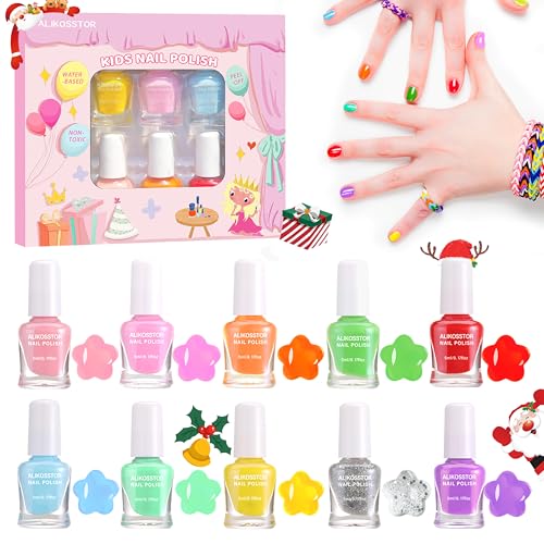 ALIKOSSTOR Nagellack Kinder – Regenbogenfarben Nagellack Set für Mädchen, 10 leuchtende Farben, schnelltrocknend ungiftig peel off Nagellack auf Wasserbasis Geschenk für Kleinkinder Teenager von ALIKOSSTOR