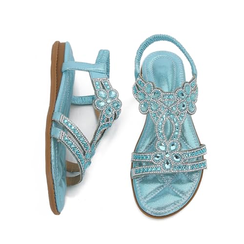 ALINUOYQ Frauen flache Sandalen Open Toe Sandalen for Sommerstrand (hellblau 42) von ALINUOYQ