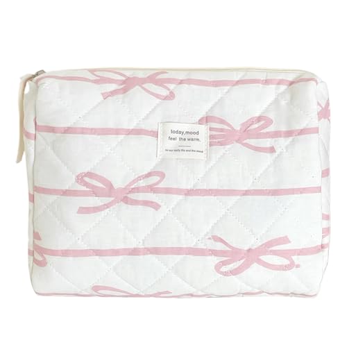 ALINUOYQ Kosmetiktasche mit süßer Schleife und Reißverschluss, Make-up-Organizer, Aufbewahrungstasche, Gesteppte Kosmetik-Organizer-Hülle aus Baumwolle for Frauen und Mädchen von ALINUOYQ