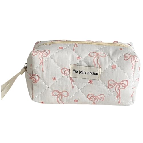 ALINUOYQ Make-up-Tasche mit Schleife, gesteppt, Kosmetik-Organizer, große Kapazität, Kosmetiktasche, ästhetische tragbare Kosmetiktasche, süß for Frauen und Mädchen von ALINUOYQ