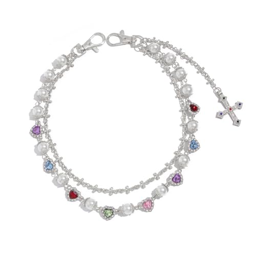 ALINUOYQ Punk Jeans Taschenkette Schlüsselanhänger Anhänger Strass Blume Perle Jeansbörse Kette Geldbörsen Charms Schmuck for Frauen Männer Niedliche Taschenanhänger von ALINUOYQ