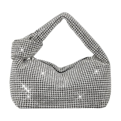 ALINUOYQ Strass Abendtaschen Damen Clutch Glitzer Tasche Silberne Umhängetasche,Geknoteter Griff Damen Strass Handtasche,diamantierte Clutch Tasche,Silber Schultertasche for Abschlussball von ALINUOYQ