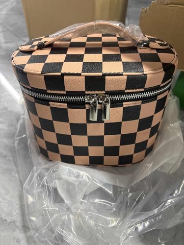 PU Leder tragbare Kosmetiktasche for Frauen Flip Toilettenbeutel Reise Make -up -Tasche (brauner und schwarzer Plaid) von ALINUOYQ
