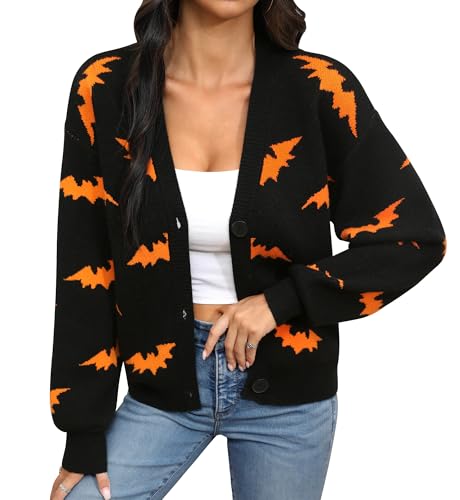 ALIREVERIE Damen Halloween Gruseliger Cropped-Cardigan Langarm Knopfleiste Skelett Strickpullover, Schwarze Fledermaus, Small ALIREVERIE Damen Halloween Gruseliger Cropped-Cardigan Langarm Knopfleiste Skelett Strickpullover, Schwarze Fledermaus, Small von ALIREVERIE