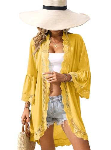 ALIREVERIE Damen Sommer Leichte Strickjacke 3/4 Rüschen Ärmel Spitze Details Kimono, gelb, Groß ALIREVERIE Damen Sommer Leichte Strickjacke 3/4 Rüschen Ärmel Spitze Details Kimono, gelb, Groß von ALIREVERIE