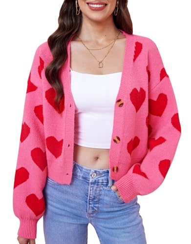 ALIREVERIE Y2K Damen Strickjacke mit langen Ärmeln, Knopfleiste und Herzmotiv, Pink, Groß von ALIREVERIE