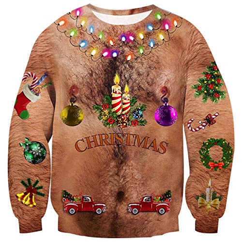 ALISISTER 3D Hässliche Weihnachtspullover Cool Brustbehaarung Print Ugly Christmas Sweater Langarm Party Xmas Pullover Jumper Sweatshirt für Familienpaare XL von ALISISTER