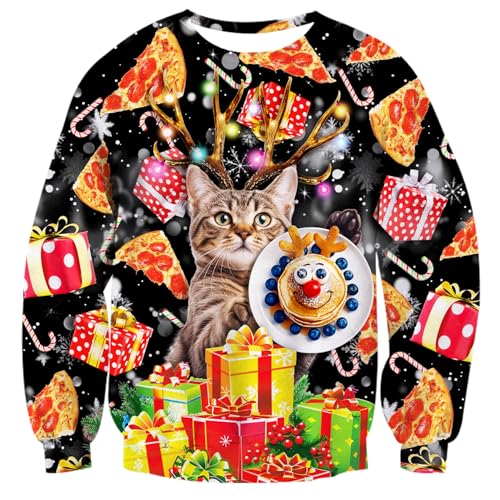 ALISISTER 3D Hässliche Weihnachtspullover Pizza Katze Print Ugly Christmas Sweater Langarm Party Xmas Pullover Jumper Sweatshirt für Familienpaare L von ALISISTER