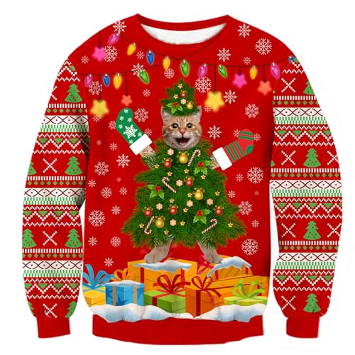 ALISISTER 3D Hässliche Weihnachtspullover Rot Weihnachtskatzen Muster Weihnachten Pullover Sweatshirt Winter Rundhals Geschenk Xmas Sweater Für Männer Frauen XL von ALISISTER