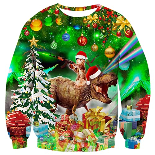 ALISISTER 3D Hässliche Weihnachtspullover Sweatshirt Cool Dinosaurier Katze Drucken Ugly Christmas Sweater Herren Langarm Party Kleidung Für Familien Paare XXL von ALISISTER