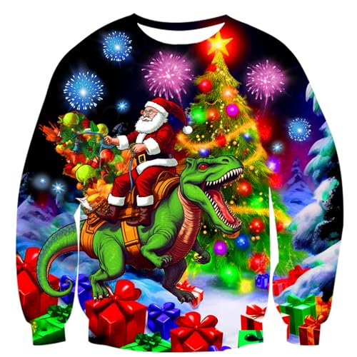 ALISISTER 3D Hässliche Weihnachtspullover Sweatshirt Cool Weihnachtsmann Dinosaurier Drucken Ugly Christmas Sweater Herren Langarm Party Kleidung Für Familien Paare XXL von ALISISTER