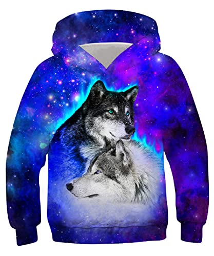 ALISISTER 3D Hoodies Kapuzenpullover Für Kinder Jungen Mädchen Erstaunlich Galaxis Wolf Grafik Hooded Sweatshirt Herbst Winter Pullover Shirt Tops (M=8-10 Jahre) von ALISISTER