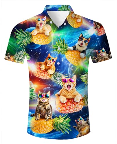 ALISISTER Ananas Katze Hawaiihemd Herren Tropical Button Down Hawaii Hemd Kurzarm Aloha Blusen Kurzarm Hemded Party Beach Hawaii Luau Tshirts L von ALISISTER
