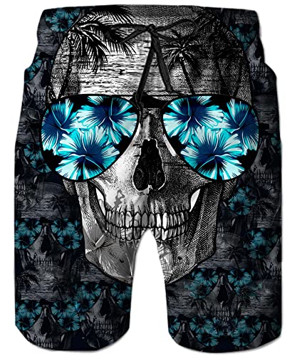 ALISISTER Badeshort Herren 3D Schwarzer Schädel Druck Sommer Badehose Elastische Taille Strandshorts Beiläufig Jogginghose Sporthose für Herren L von ALISISTER