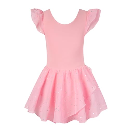 ALISISTER Ballettkleider Rosa Mädchen Kurzarm Ballettkleidung Baumwolle Glitzer Tanzkleid Ballettanzug Kinder Balletttrikot mit Tüllrock 3-4 Jahre von ALISISTER