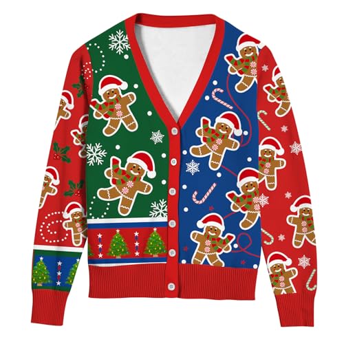 ALISISTER Damen hässliche Weihnachtsstrickjacke V-Ausschnitt Langarm Strickjacke Lebkuchenmann Print Pullover L von ALISISTER