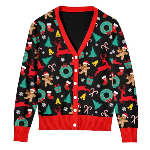 ALISISTER Festliche Damen Strickjacke mit Lebkuchenmann-Druck Langarm Strickpullover für die Weihnachtszeit M von ALISISTER