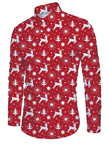 ALISISTER Funky Weihnachtshemd Herren Button Down Blouse Langarm Hemd Erwachsene 3D Lustige Rentier Gedruckt Männer Party Regular Retro Fit Slim Xmas Shirts XL von ALISISTER