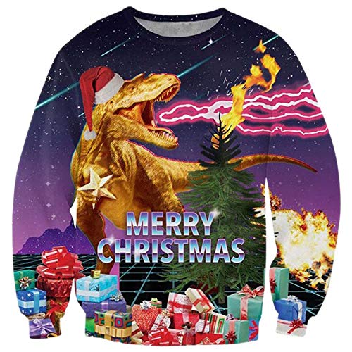 ALISISTER Hässliche Weihnachtspullover 3D Lustiger Dinosaurier Druck Xmas Pullover Jumper Sweatshirt Beiläufige Langarm Ugly Christmas Sweater Oberseite 3XL von ALISISTER