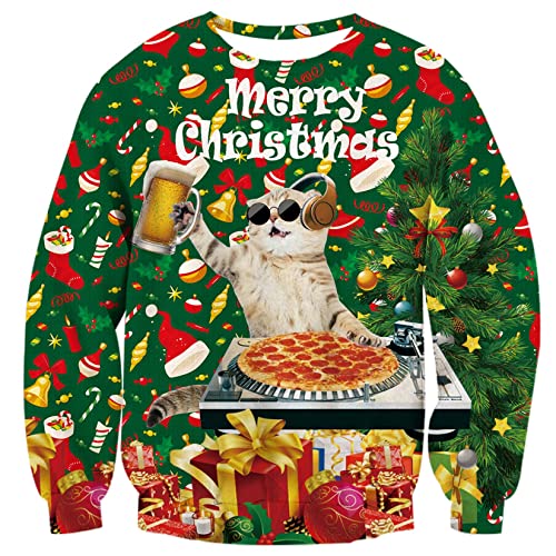 ALISISTER Hässliche Weihnachtspullover Für Herren Cool Musik Katze Muster Xmas Pullover Jumper Herbst Winter Rundhals Sweatshirt L von ALISISTER