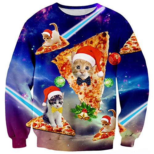 ALISISTER Hässliche Weihnachtspullover Lustige Pizza Katzen Muster Ugly Christmas Sweater Herbst Winter Rundhals Pullover Sweatshirt Top L von ALISISTER