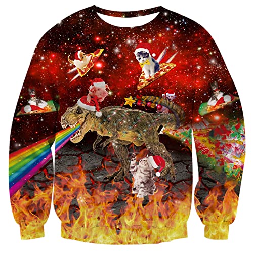 ALISISTER Hässliche Weihnachtspullover Neuheit Dinosaurier Pizza Katze Drucken Ugly Christmas Sweater Beiläufig Pullover Sweatshirt für Herren XL von ALISISTER