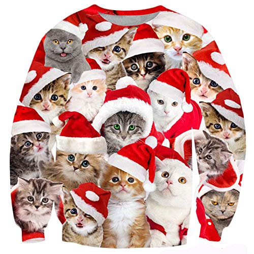 ALISISTER Hässliche Weihnachtspullover Neuheit Katze Elf Drucken Ugly Christmas Sweater Beiläufig Crewneck Weihnachten Pullover Sweatshirt für Mens Womens Party XL von ALISISTER