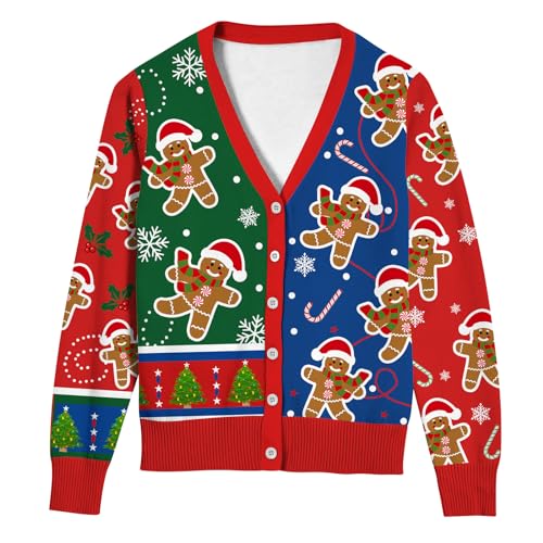 ALISISTER Hässliche Weihnachtsstrickjacke für Damen Lebkuchenmann Druck Strickjacke Langärmeliger Pullover XXL ALISISTER Hässliche Weihnachtsstrickjacke für Damen Lebkuchenmann Druck Strickjacke Langärmeliger Pullover XXL von ALISISTER