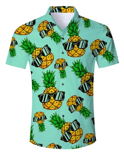 ALISISTER Hawaiihemd Herren Button Down Hemden Reizeithemd Männer Junge 3D Fun Ananas Hemd Casual Strand Party Aloha Shirts Strandkleidung Outfits Grün M von ALISISTER