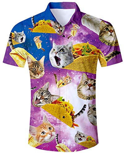 ALISISTER Hawaiihemd Herren Funky Hawaii Hemd Kurzarm 3D Pizza Katze Drucke Lustig Aloha Button Down Bluse Urlaubshemden Sommer Strandkleidung Outfit L von ALISISTER