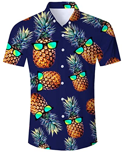 ALISISTER Hawaiihemd Herren Short Sleeve Tshirts Orange 3D Coole Ananas Drucke Aloha Bluse Button Kleid Summer Urlaub Party Strandhemd Hawaiian Freizeithemd Männer Kurzarm L von ALISISTER