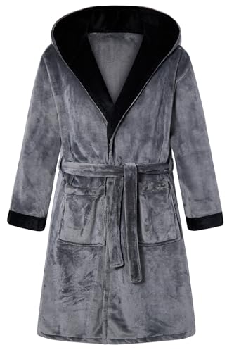 ALISISTER Herren Bademantel mit Kapuze Morgenmantel flauschig Nachtwäsche aus edler Flanell Fleece Grau M von ALISISTER