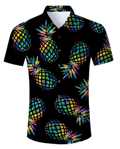 ALISISTER Herren Hawaiihemd Button Down Bluse Hawaii Hemd Kurzarm Erwachsene 3D Ananas Lässig Aloha Strandhemd M von ALISISTER