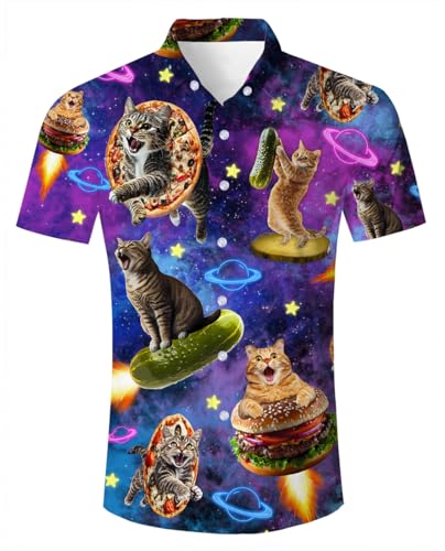 ALISISTER Herren Hawaiihemd Button Down Bluse Hawaii Hemd Kurzarm Erwachsene 3D Lustige Katze Lässig Aloha Strandhemd XXL von ALISISTER